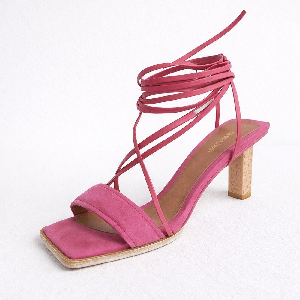 Jacquemus Pink Suede Ankle Tie Block Heel Sandals Size 8 UK 39